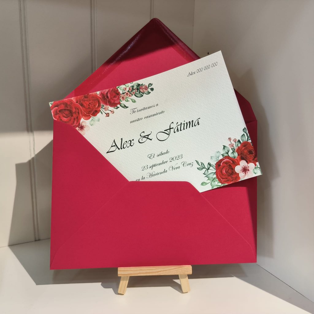 Invitación de boda roja con flores rojas y rosas rojas-barato-económico-Sevilla-Cádiz-Huelva